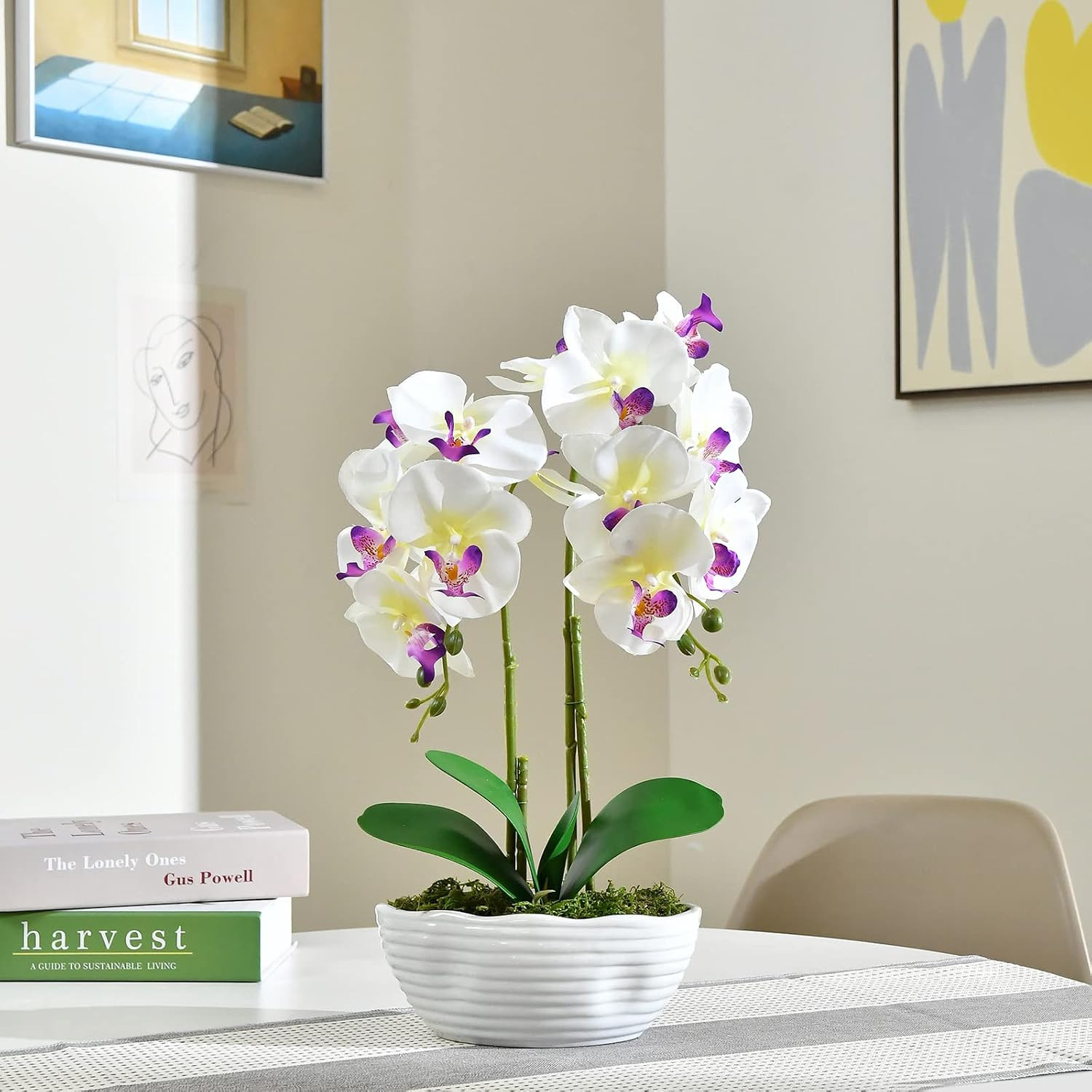 Elegant White Orchid Silk Flower Arrangement in Ceramic Pot