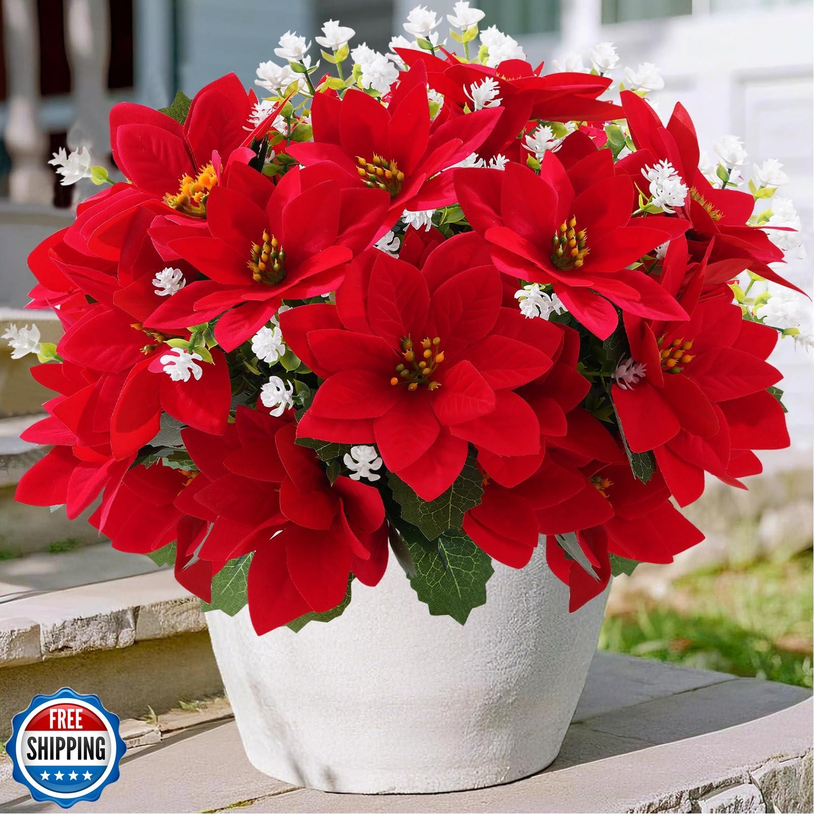 ZYZEV 14” Artificial Poinsettias Flowers for Outdoor,12 Bunches Mixed Fake R