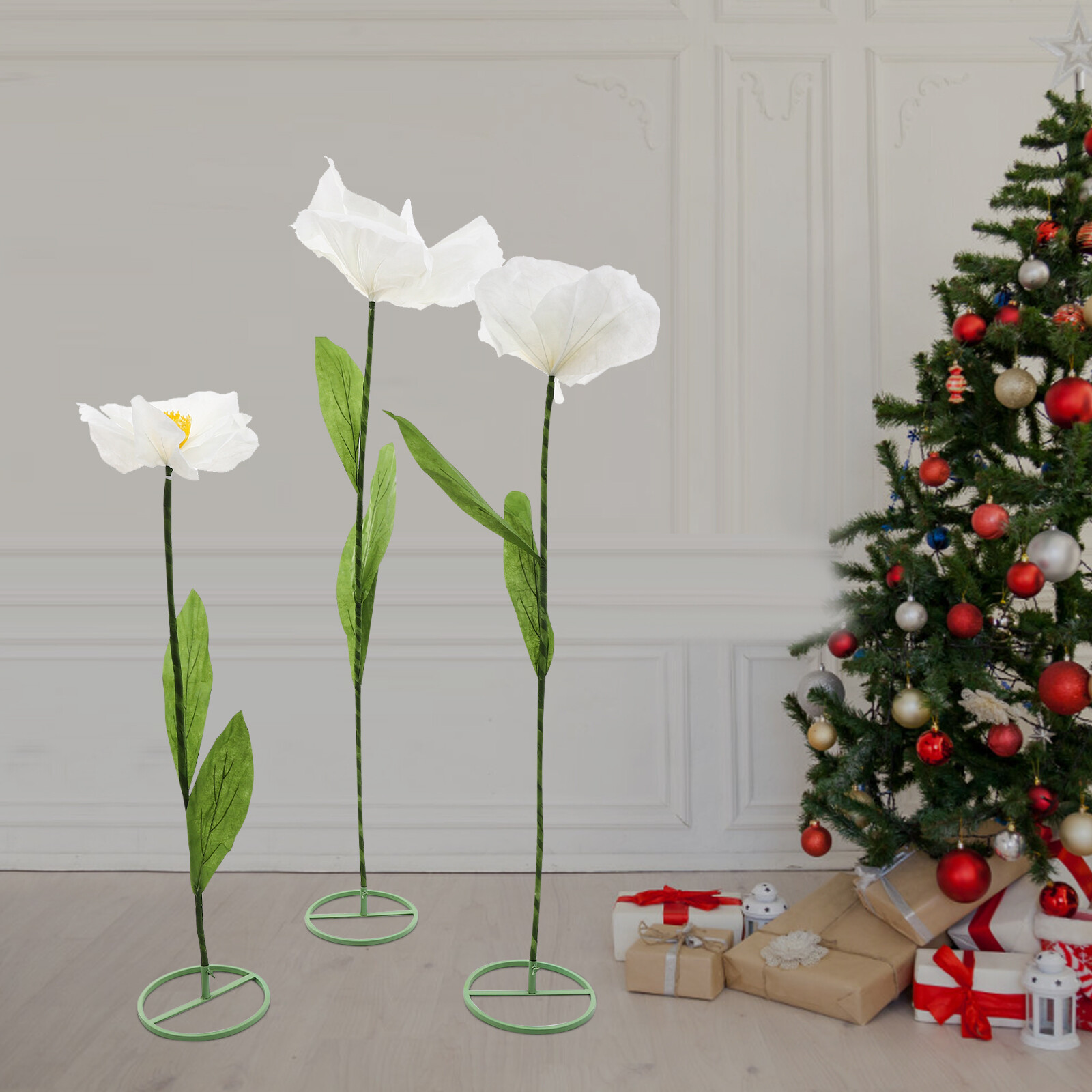 Set of 3 Artificial Flower Free Standing White Corn Poppy Decor Home Wedding