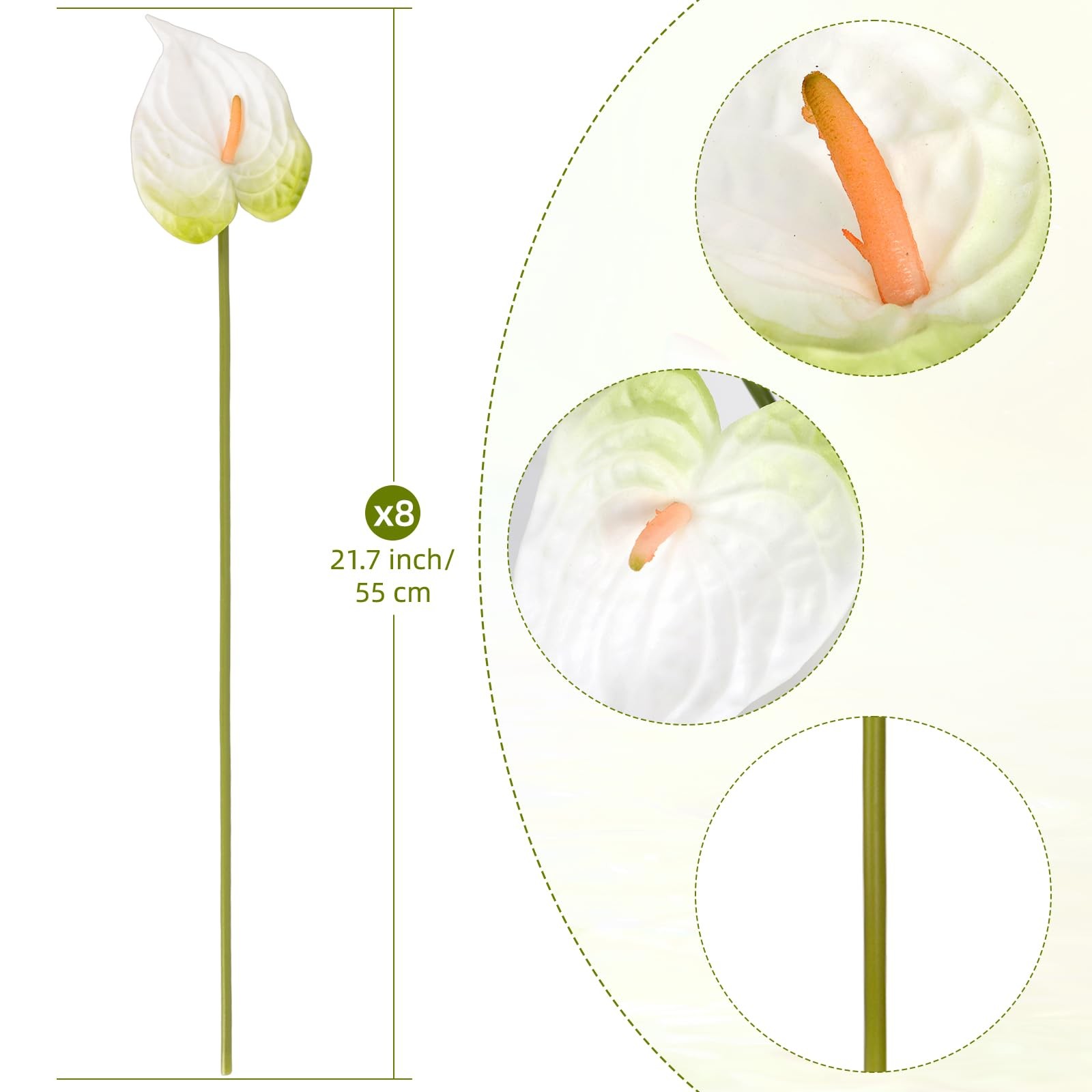 8 PCS 21.7 Inch Anthurium Artificial Flowers White Faux Silk Floral Decor
