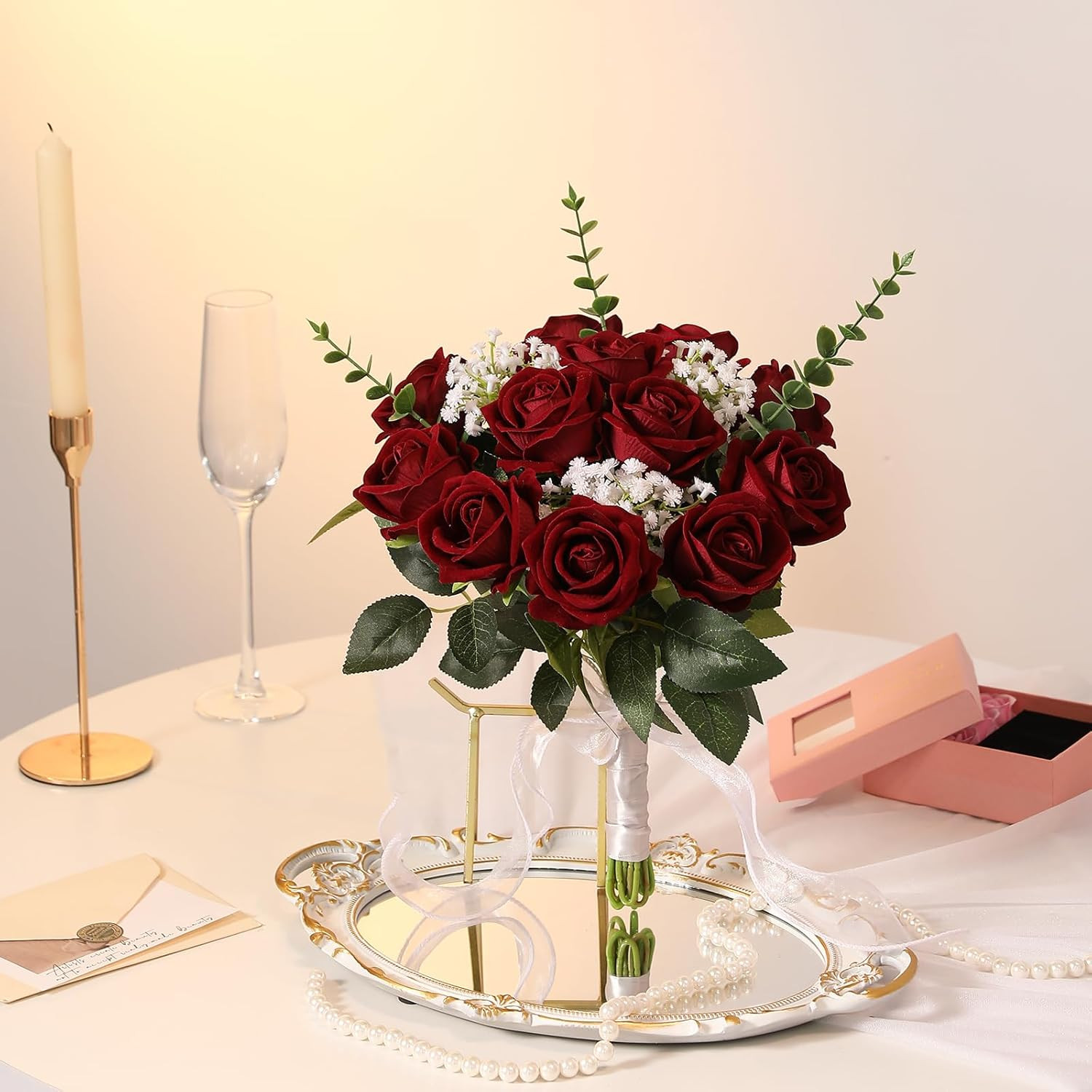 12PCS Artificial Flowers Fake Roses, Realistic Velvet Long Stem Red Roses Bouque