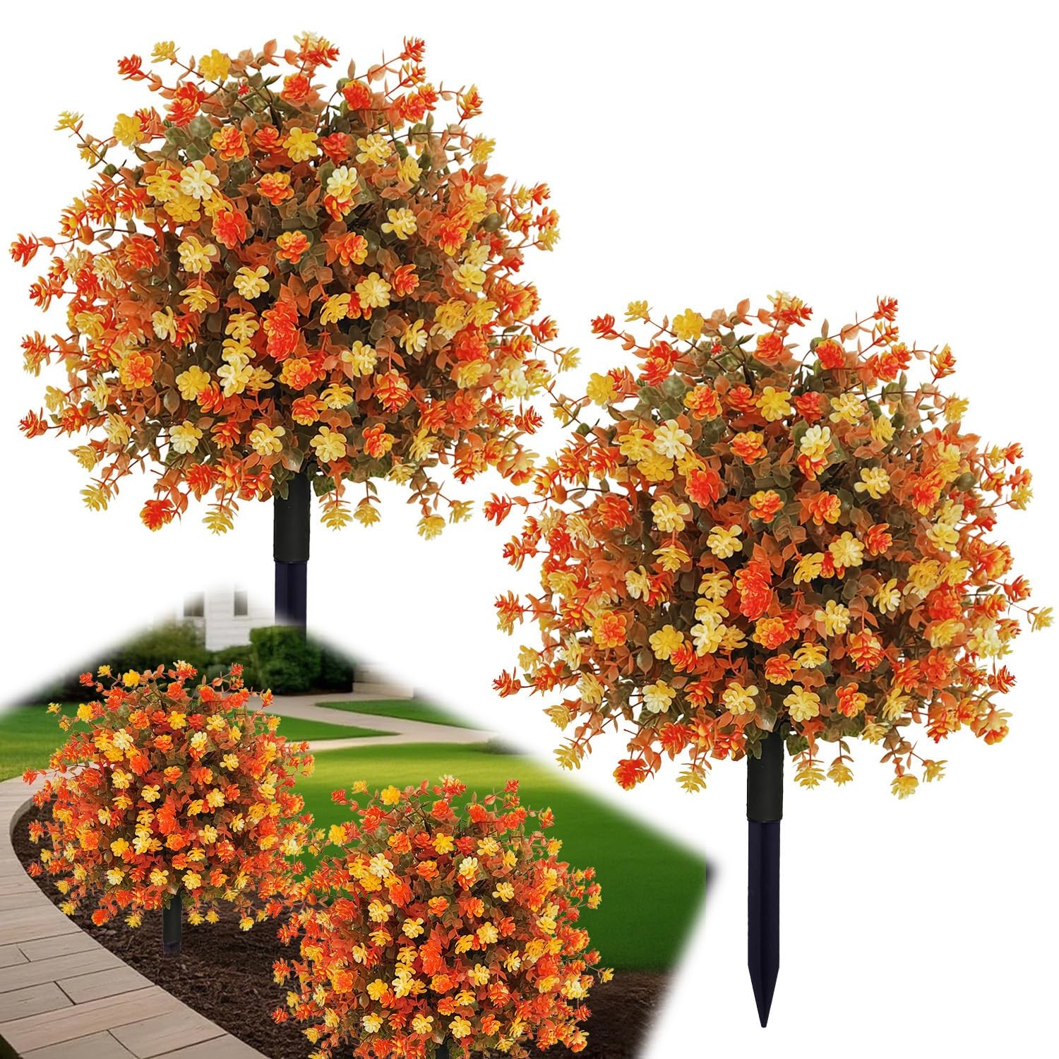 YUGYUM 2 Pack Fall Artificial Topiary Ball Trees with Ground Spike,23 Inches …