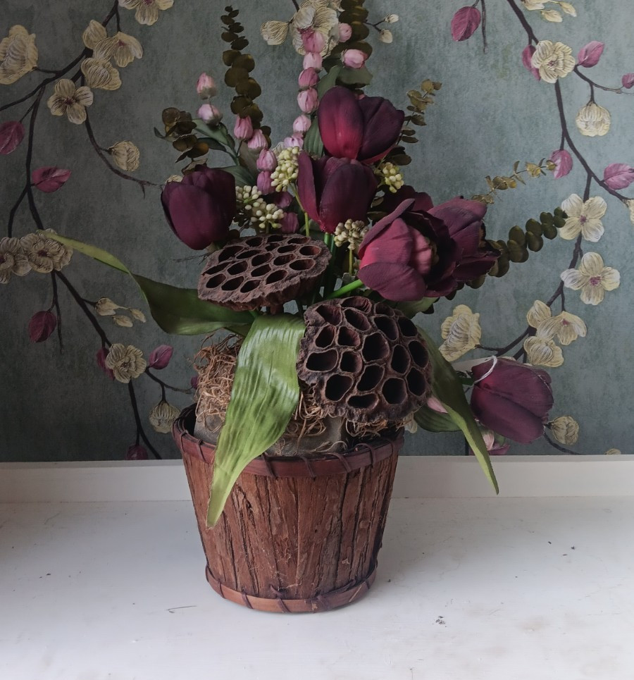 Artificial Purple Tulip & Lotus Pod Arrangement Centerpiece in Flower Pot