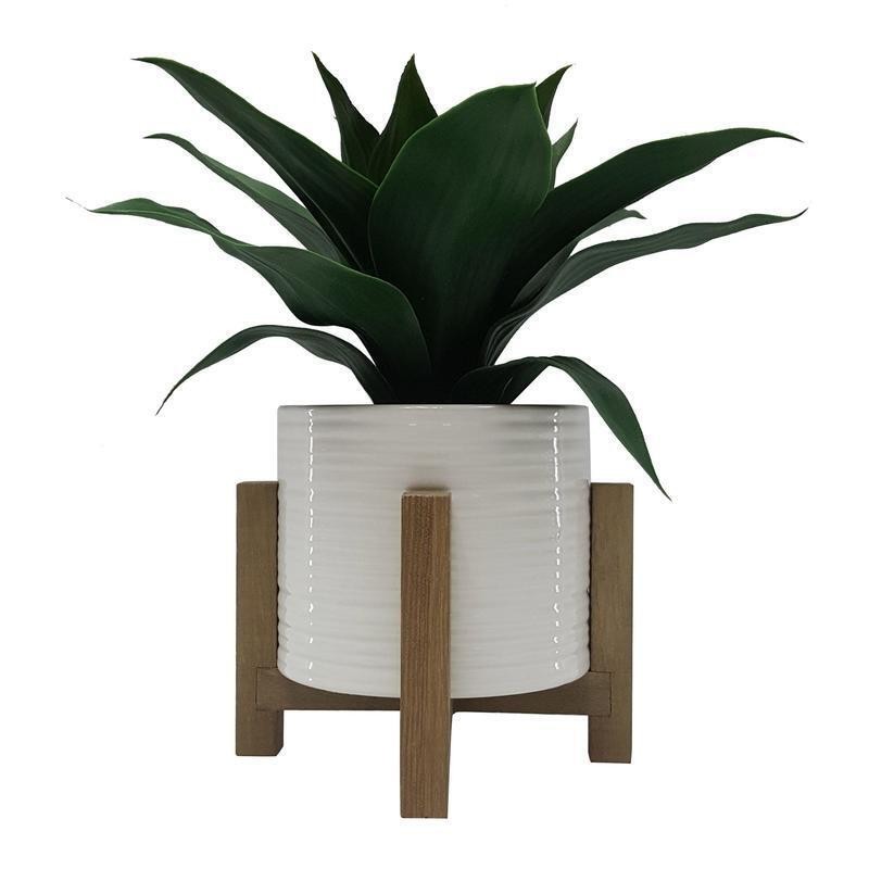 10 Inch Artificial Agave Plant White Ceramic Pot Wood Stand Indoor Decor New