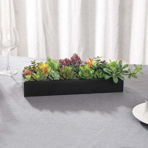 15.75 Inch Artificial Succulent Plants in Rectangular Black Wood Plant Box