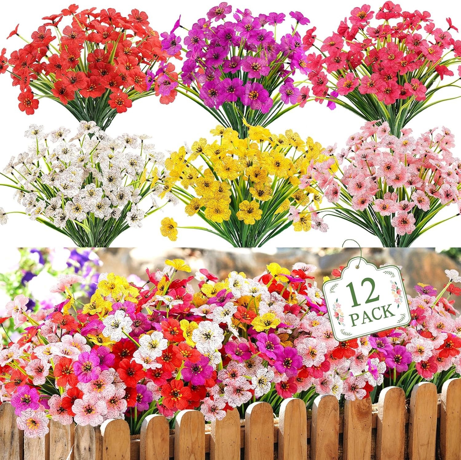 All-Season Vibrant Faux Flowers for Window Boxes & Patios – 12 Bundles Included