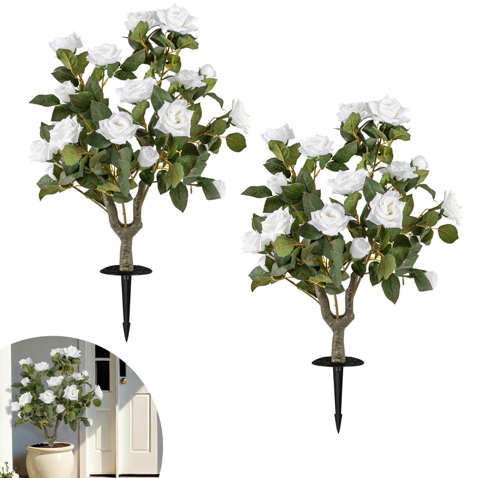 2 Pack Artificial Rose Flower Trees,31.5″ w/Spikes,186 Leaves & 18 White Flowers