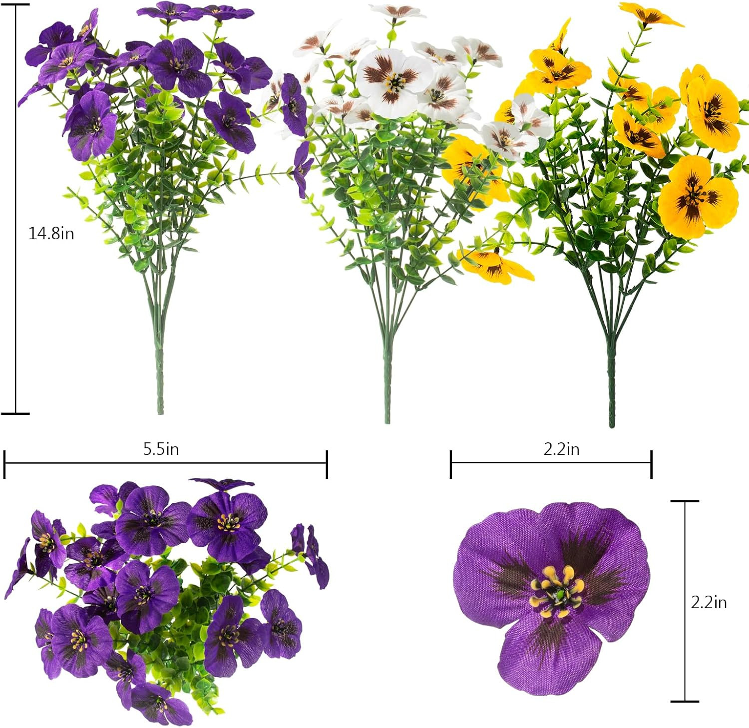 2 Sets UV Resistant Faux Silk Pansy Flowers for Outdoor Spring Decor