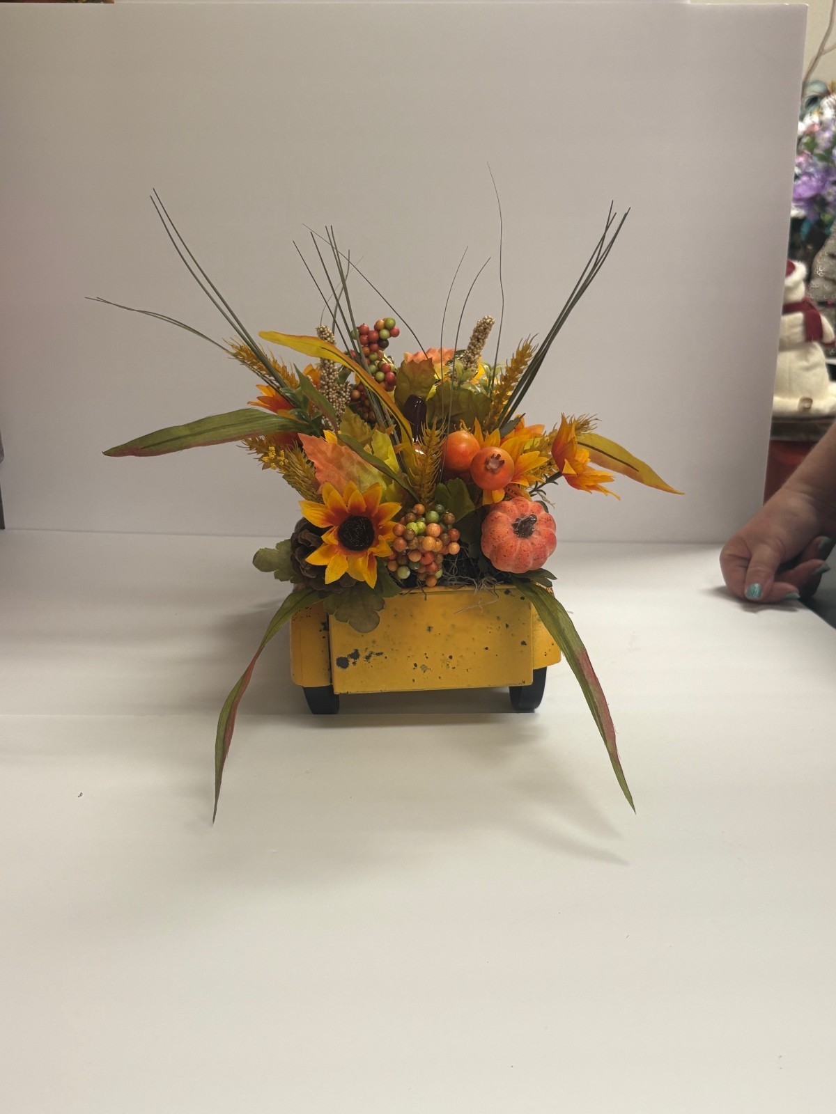 Rustic Yellow Honey Bee Farm Truck Planter with Sunflower Floral Arrangement