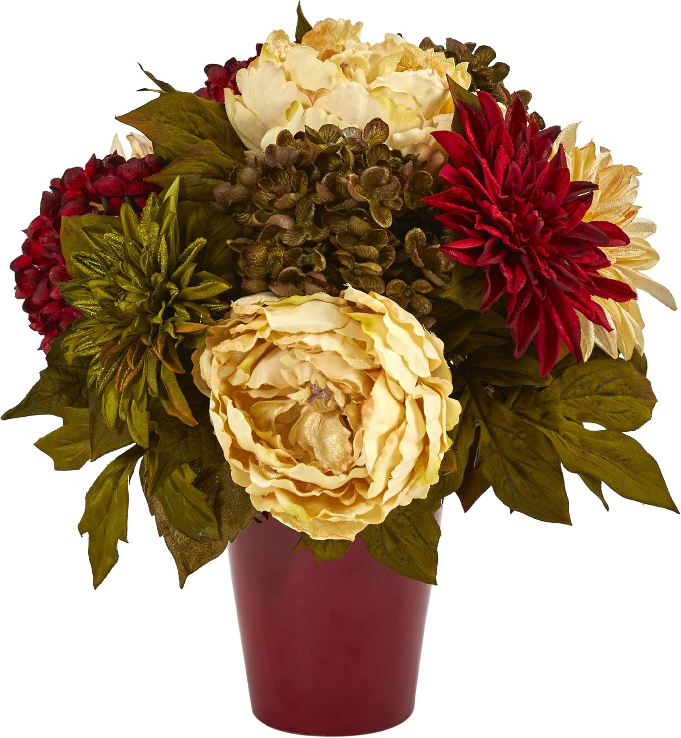 Burgundy Vase with 14″ Peony, Hydrangea & Dahlia Artificial Floral Arrangement