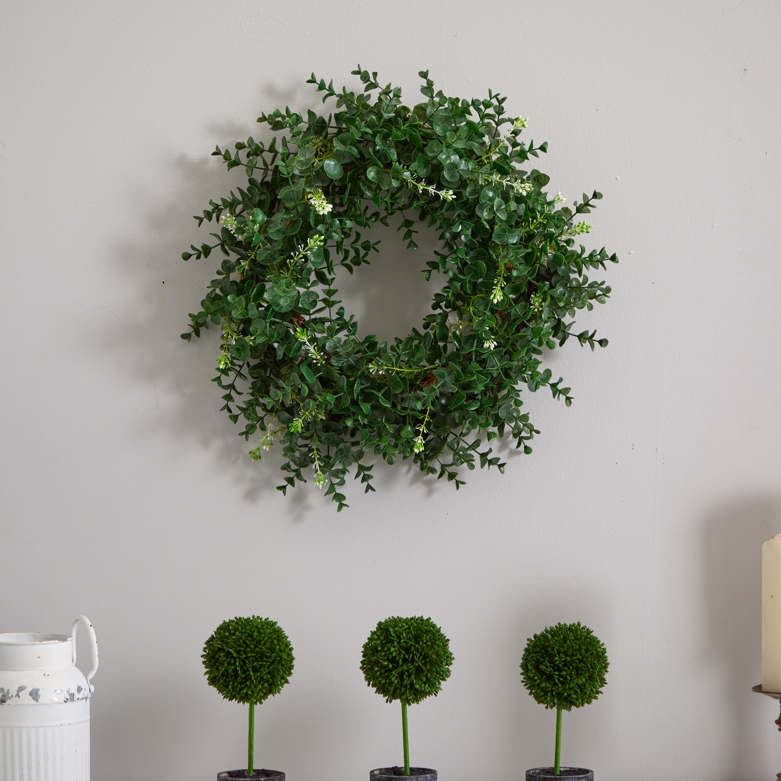 Nearly Natural 18″ Eucalyptus Double Ring Wreath with Twig Base in Green