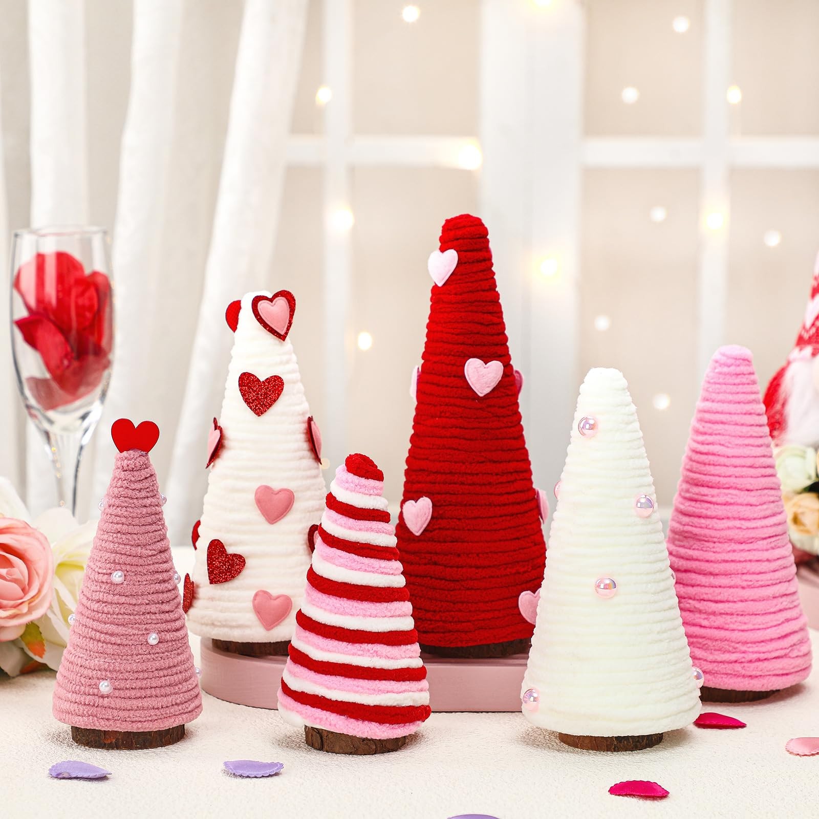 6 PCS Valentine Day Cone Tree Table Decor Mini Yarn Heart Pink Red White