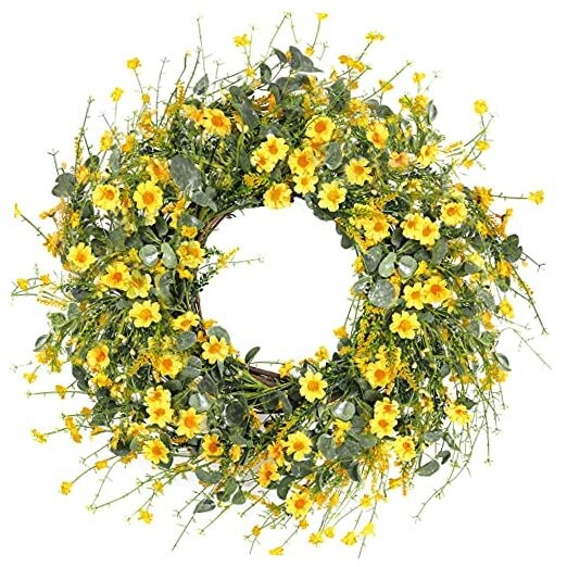Daisy Wreath 24 Inch Spring Summer Wreath Fake Silk Floral Wreath with Yellow