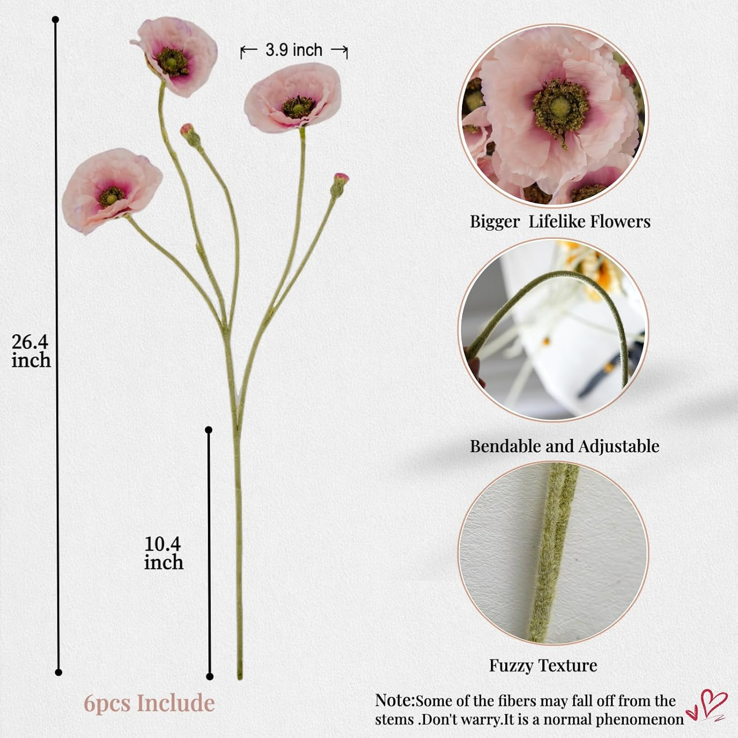 Artificial Poppy Flowers 26.4″ – 6Pcs Faux Silk Poppy Stems with Ruffled Petals,