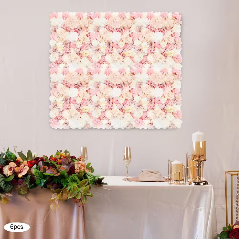 6-Piece 23.62 In. X 15.74 In. White and Pink Artificial Rose Flower Wall Panel f