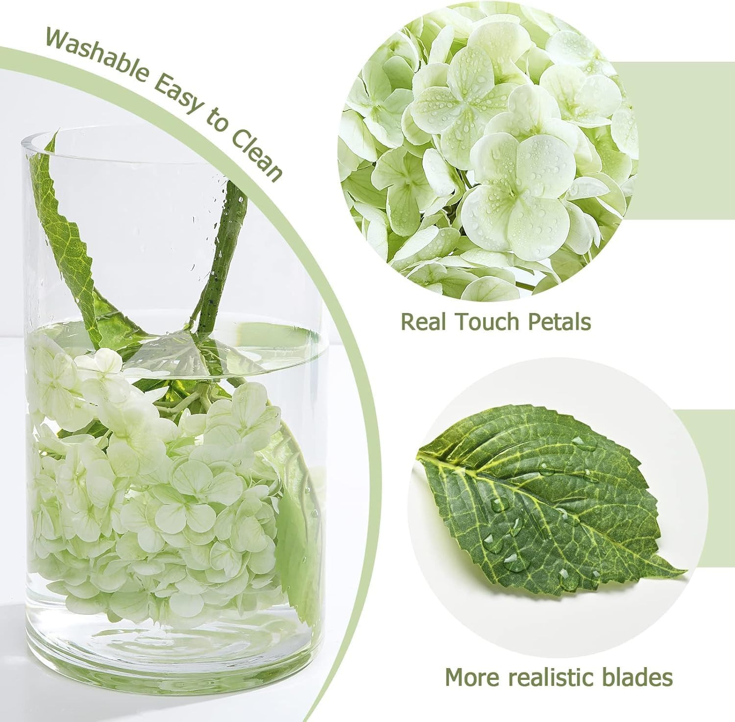 21″ Real Touch Green Hydrangea Artificial Flowers with Long Stem & Leaves, Full
