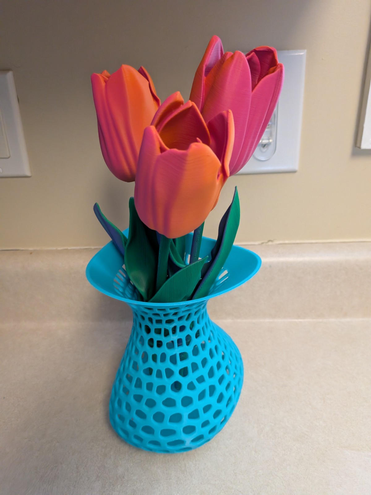 Artificial Tulip Flower Arrangement in Blue Vase, Orange Pink Green Plastic