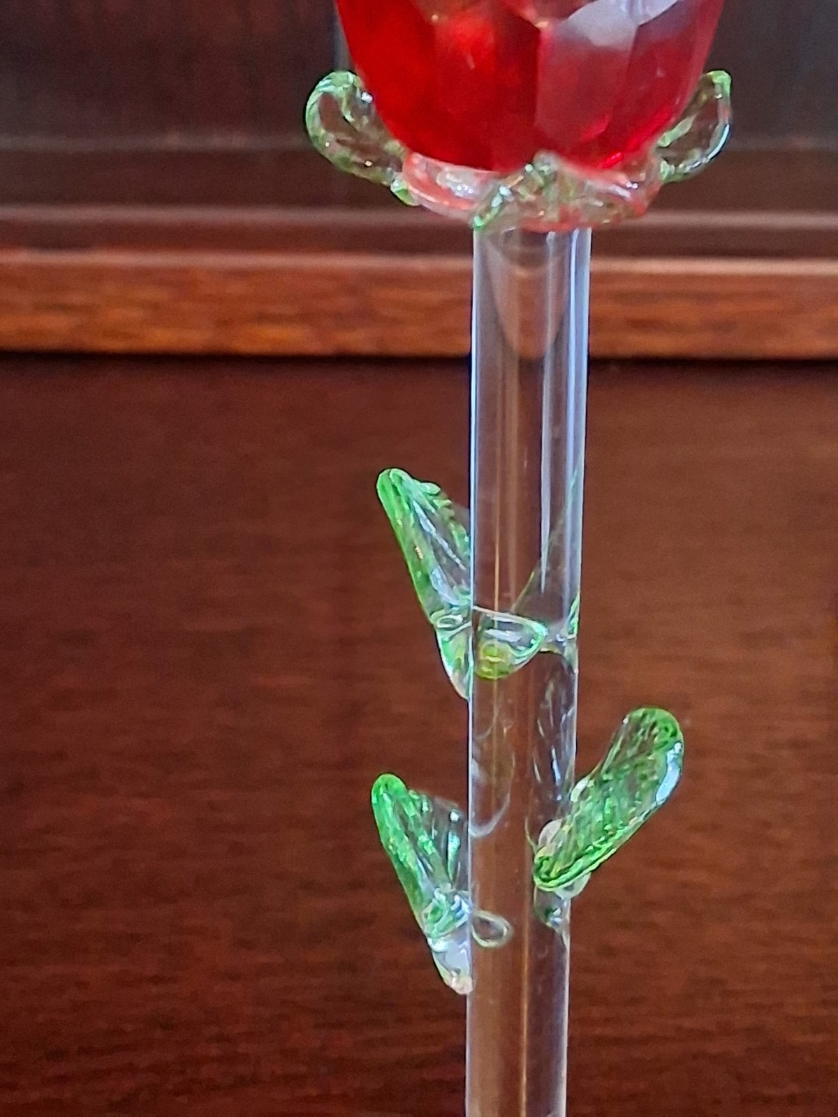 Painted Rosebud With Leaves And Clear Stem And Round Base About 5 Inches Tall