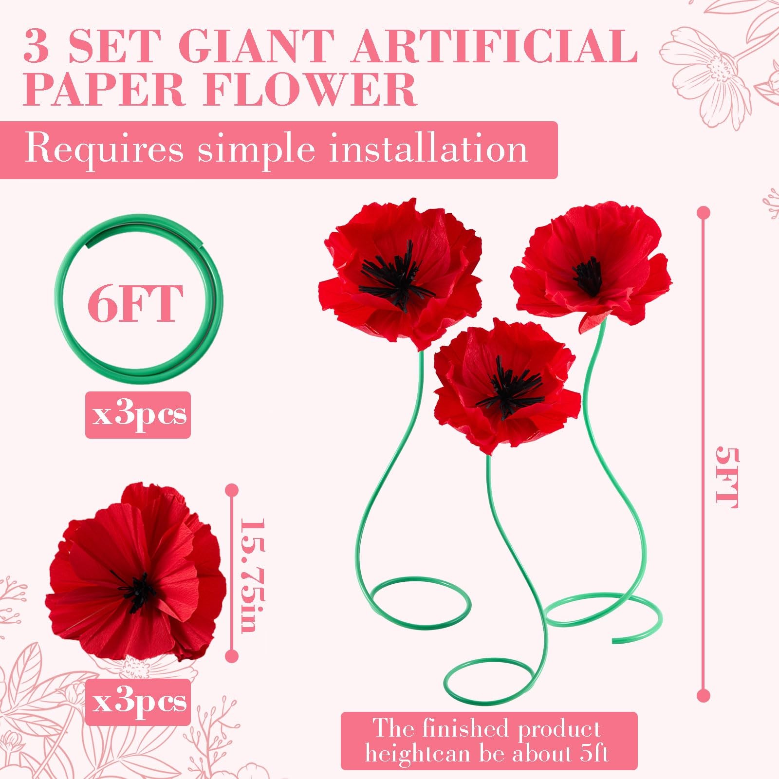 3 Pcs 5ft Large Paper Red Poppy Flowers Halloween Giant Artificial Poppies St…