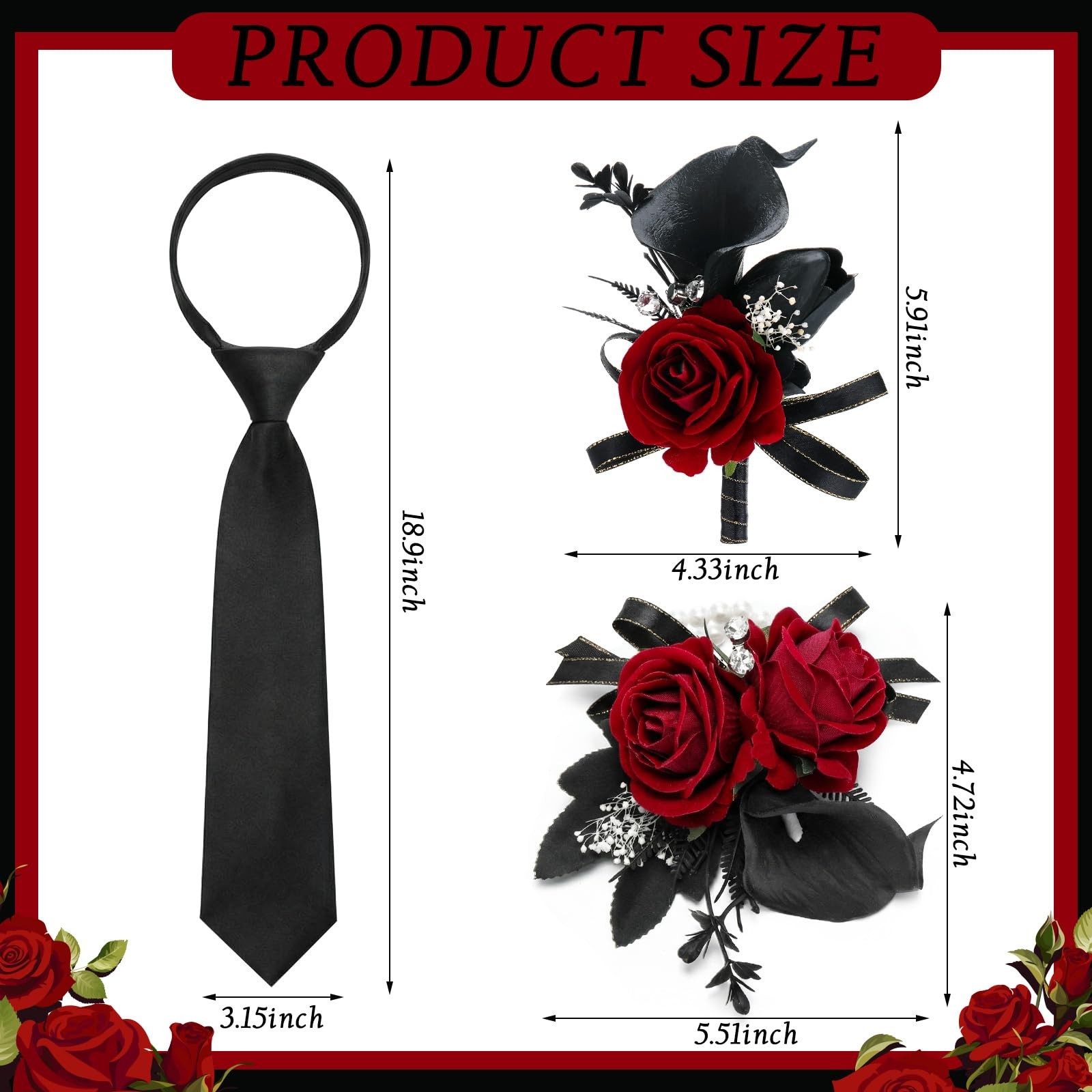 3 PCS Burgundy Red Black Rose Corsage Boutonniere PreTied Tie Wedding Prom