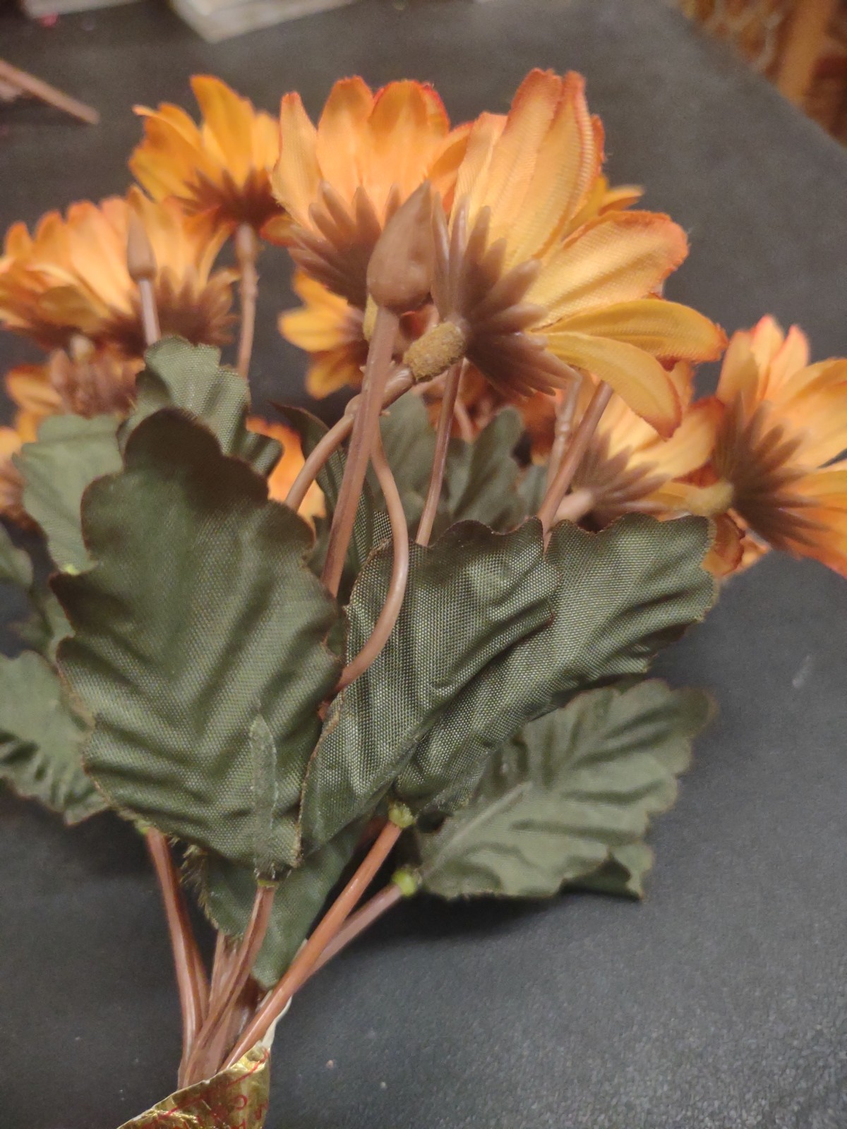10″ Vintage Silk Mini Daisy Bush, 9 Stems, Butterscotch Peach Orange Daisies