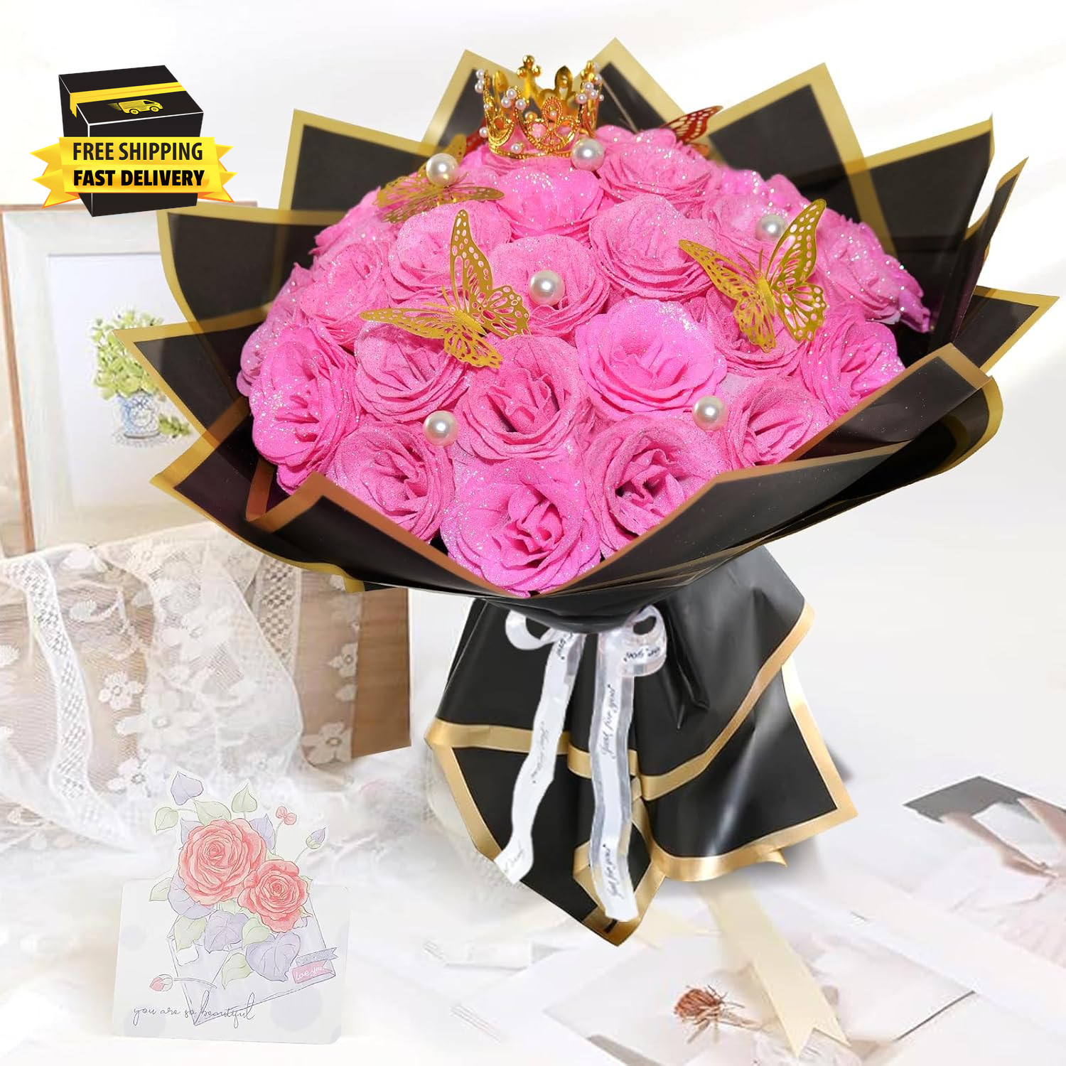 Pink Glitter Roses Bouquet, 24 Pcs Shiny Glitter Flowers Bouquet, Everlasting Ar