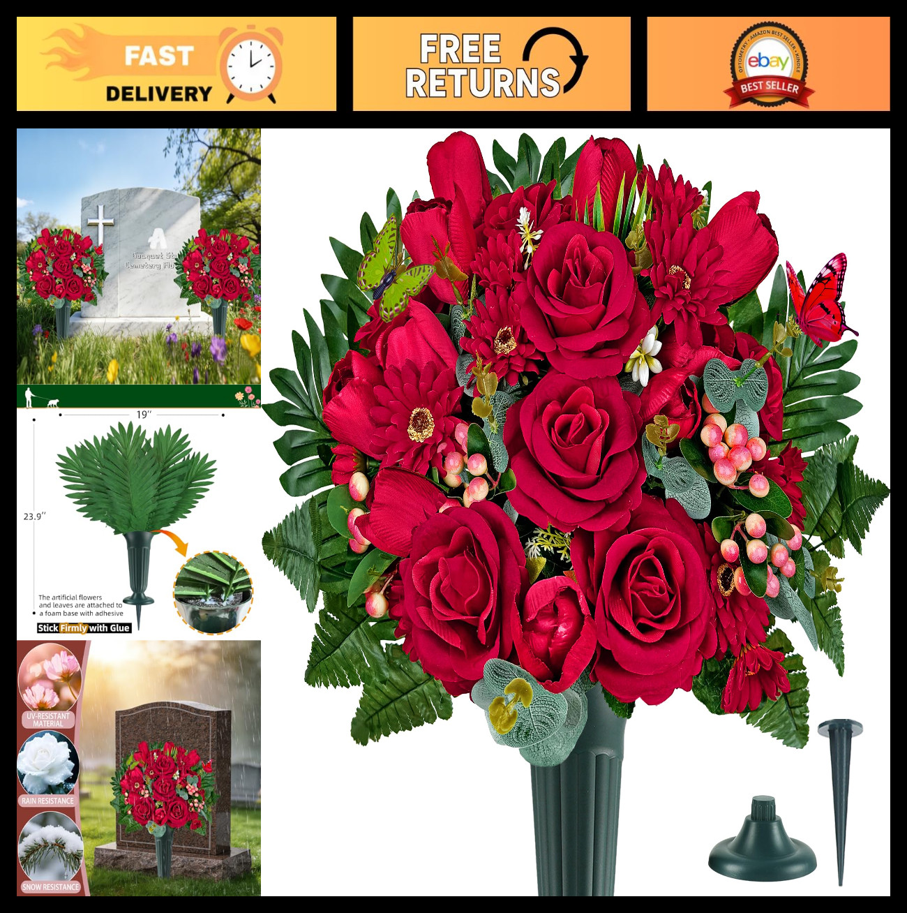 Artificial Cemetery Flowers with Vase – Realistic Red Roses & Tulips for Graves,