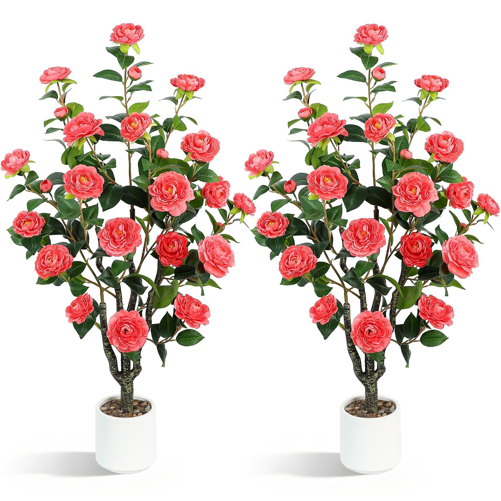 UPBUD Artificial Camellia Tree 2 Pack, 3.3FT Fake Camellia Plant with Bloomin…