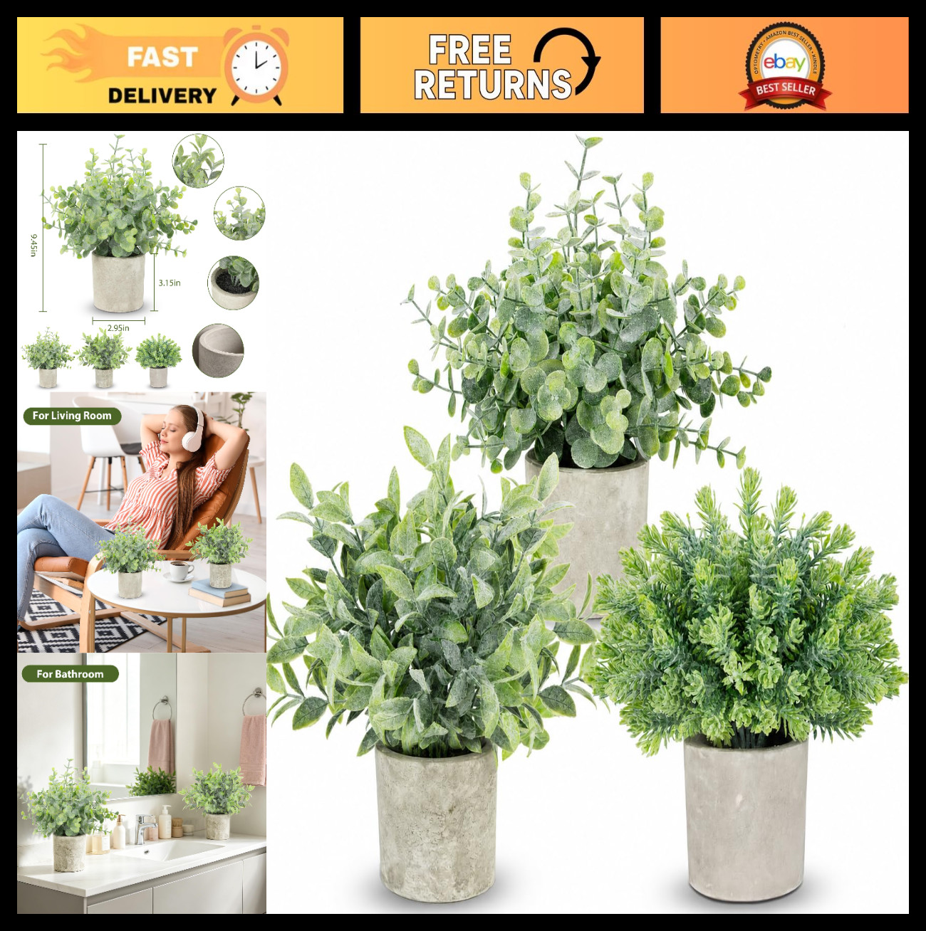 3 Pack Mini Artificial Greenery Plants – Eucalyptus & Rosemary for Home Office D