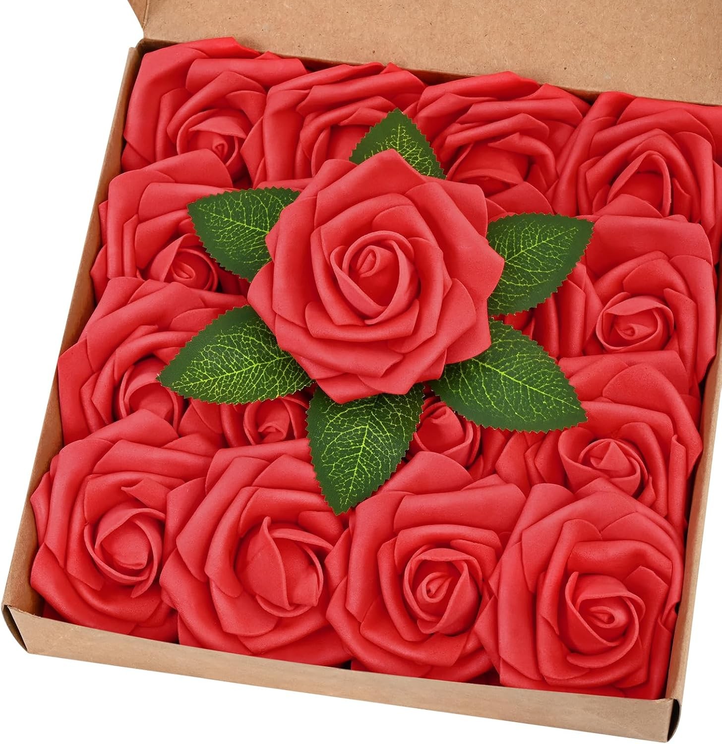 16Pcs Artificial Flowers Fake Roses with Stems, Red Boxed Foam Roses for DIY