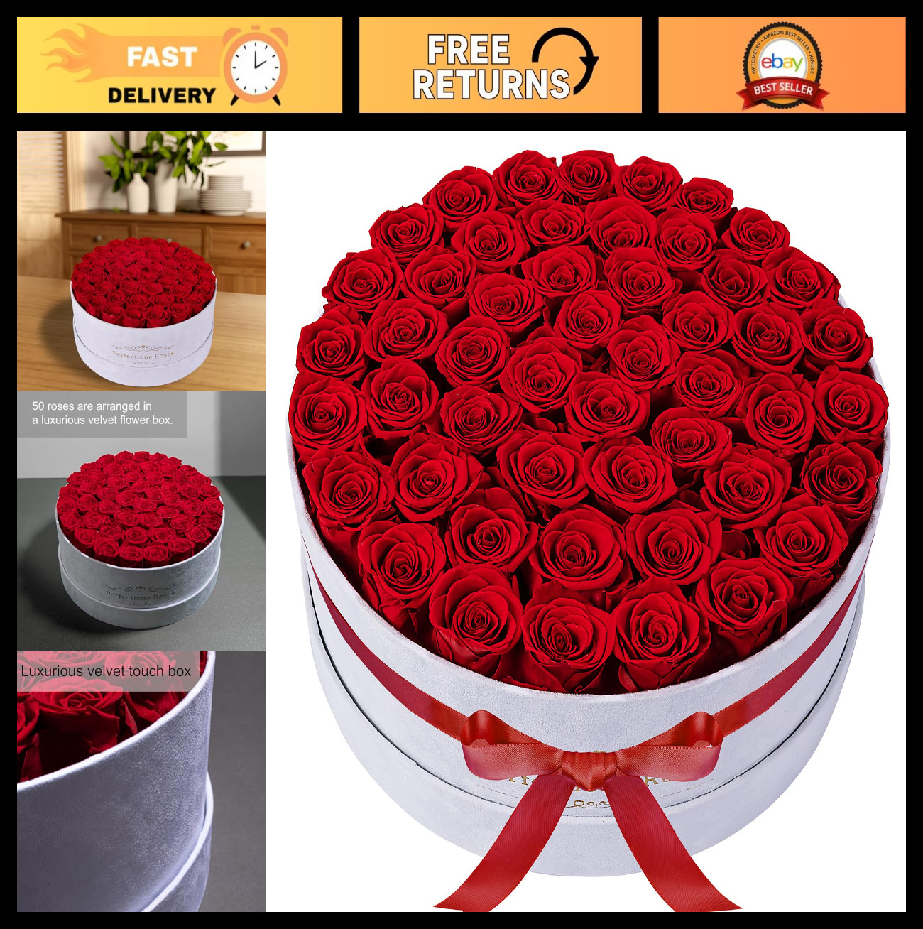 50-Piece Velvet Box Roses – Preserved Flowers for Delivery, Birthday Gifts for W