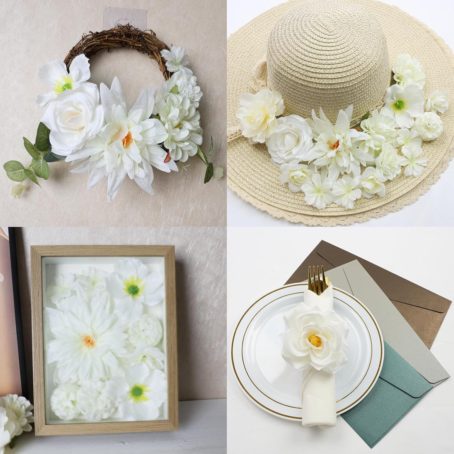 56 PCS Artificial Flower Heads White Bulk Fake Rose Peony Hydrangea Faux Flowers