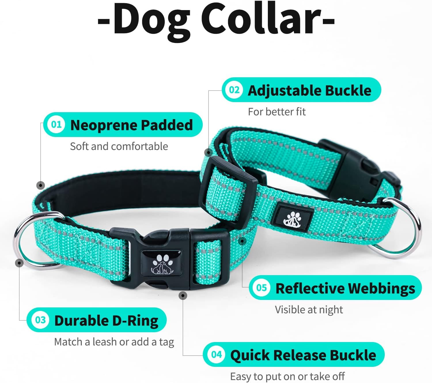 Reflective Dog Collar and Leash Set,Adjustable Neoprene Padded Dog Collars for P