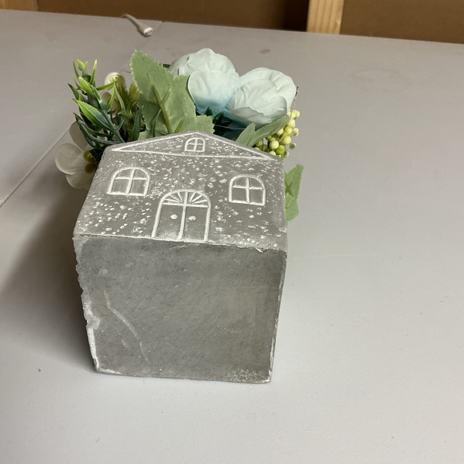 Artificial Floral Arrangement in Gray House Planter Pot with Greenery Plastic