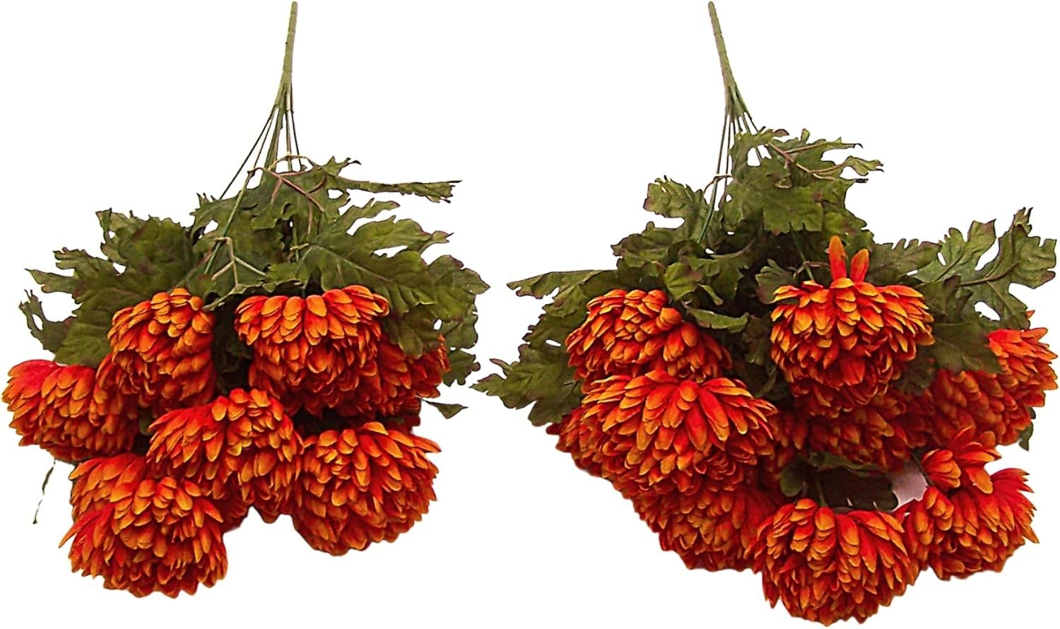 Artificial Orange Chrysanthemum Bush Set of 2, 21″ Fall Flowers Decor