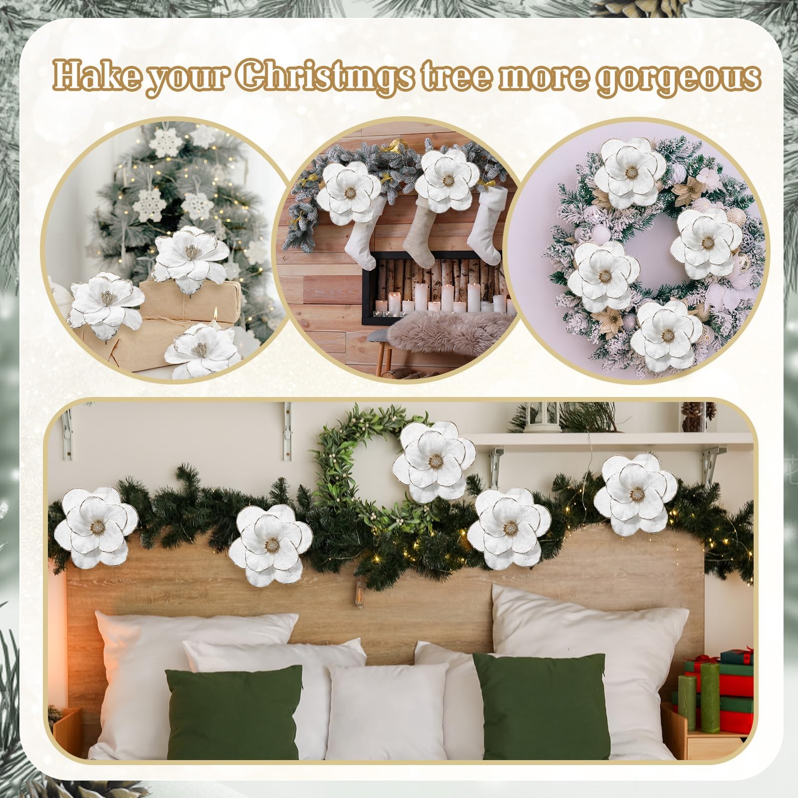18 Pcs Large Velvet Christmas Poinsettia Magnolia Flowers White Artificial