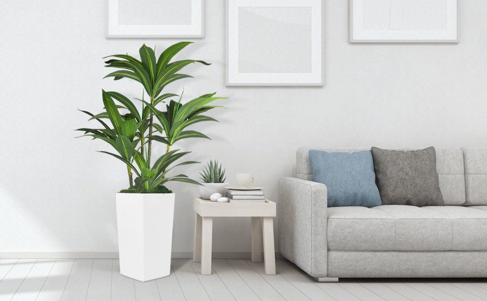 Artificial Dracaena Tree 5FT with WhiteTall Planter,Fake Green Plant with