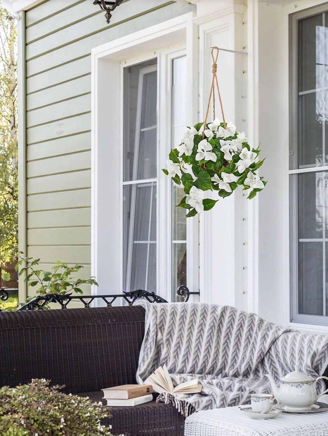 Faux Bougainvillea Hanging Basket – 27.5″ White Flowers in Rattan Planter