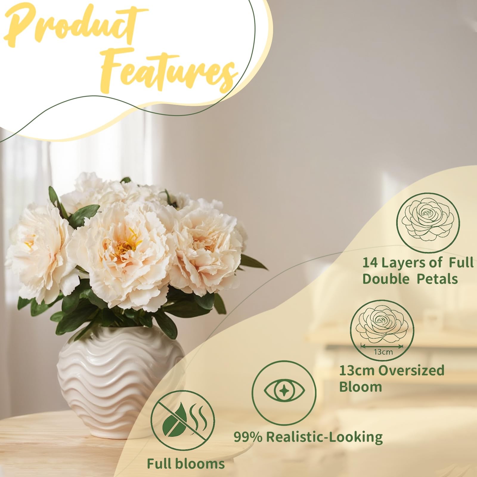 Light Champagne Premium Silk Artificial Peonies, 2 Bouquets (10 Large 5.12″ H…