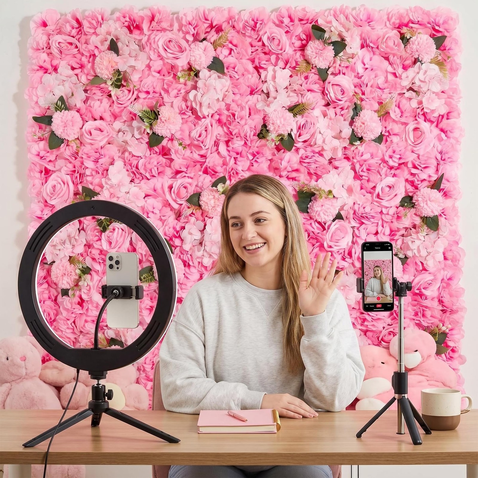 3D Flower Wall Backdrop – 6Pcs 16×24 Inch Artificial Rose Panels Pink Silk Fl…