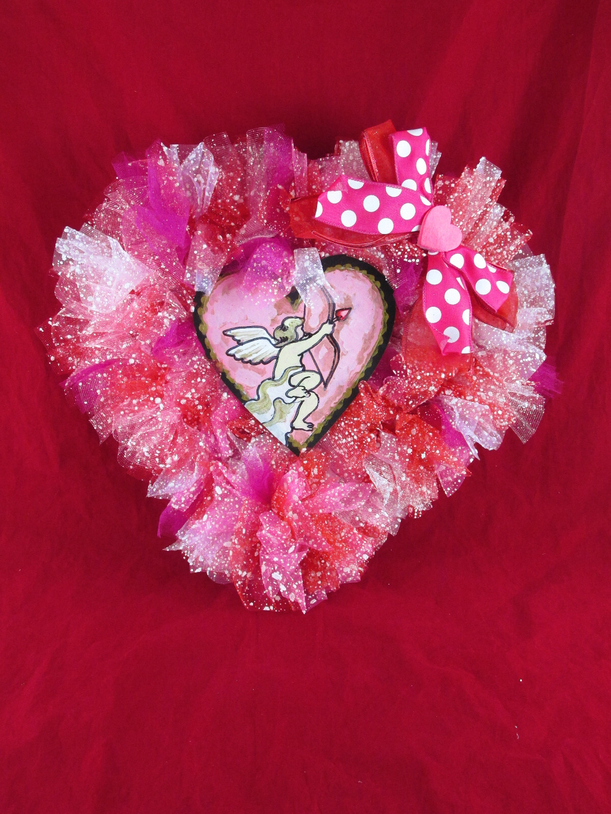 Red, White, and Pink Faux-Snow Deco Mesh Heart-Shaped Wreath