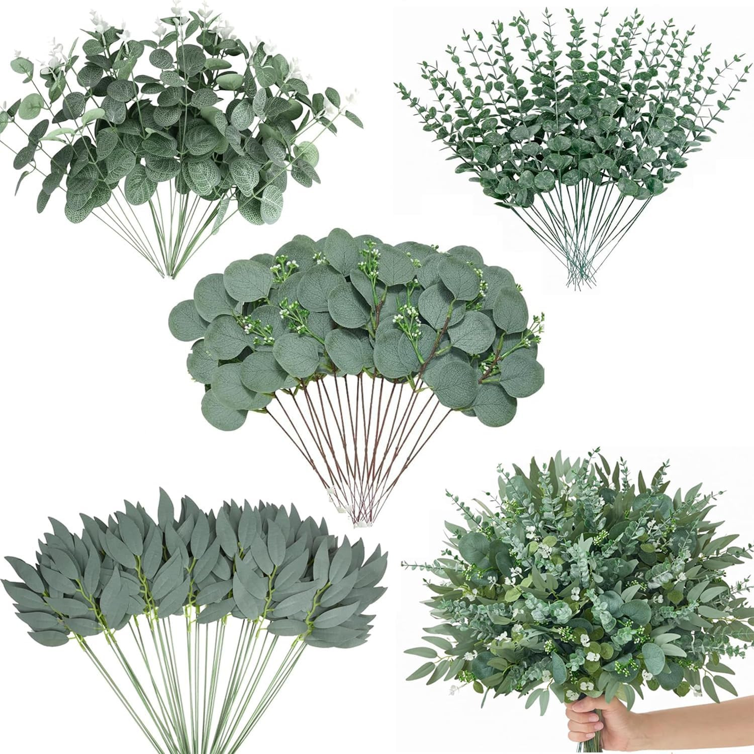 120 Pcs Artificial Eucalyptus Leaves Stems Bulk, Realistic Fake Greenery with 4