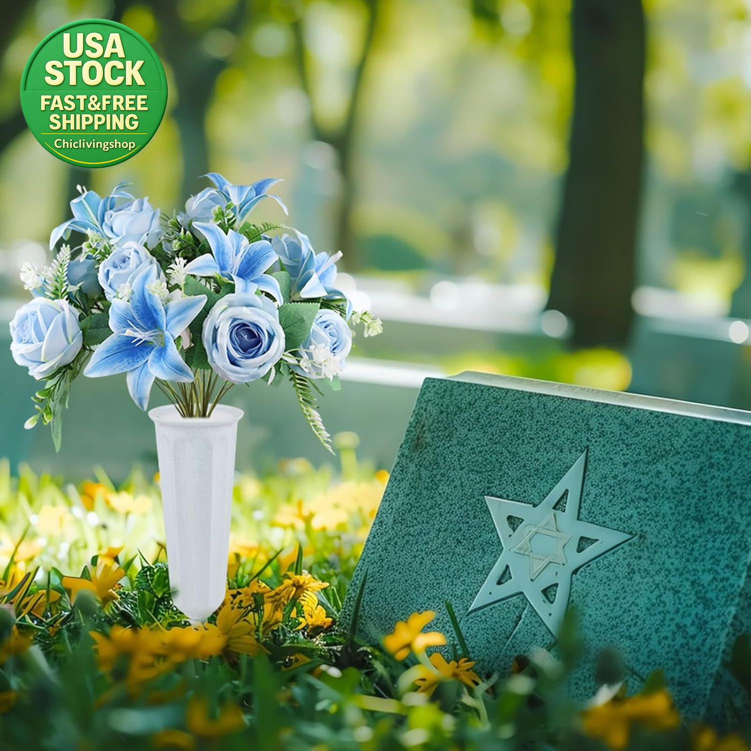 Artificial Cemetery Flowers 2 Set Lilies Roses Mixed Blue Silk with Vases
