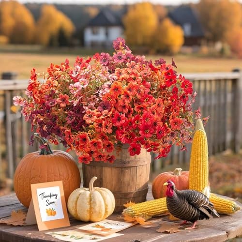 16 Bundles Artificial Fall Flowers, UV Resistant Faux Plants for Fall Orange