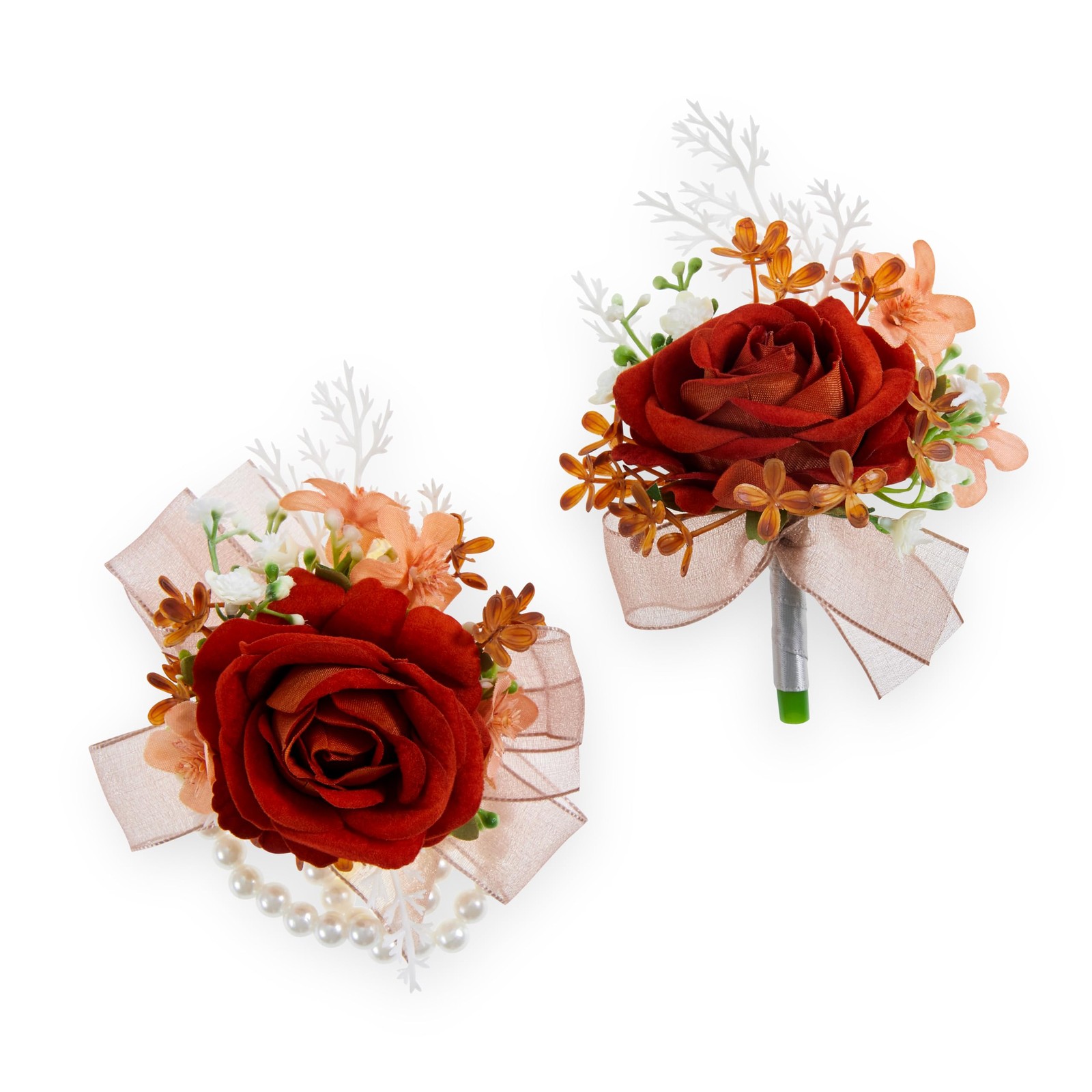 2 pcs Wrist Corsage and Boutonniere Set, Orange Rose Wrist Corsage Wristlet B…