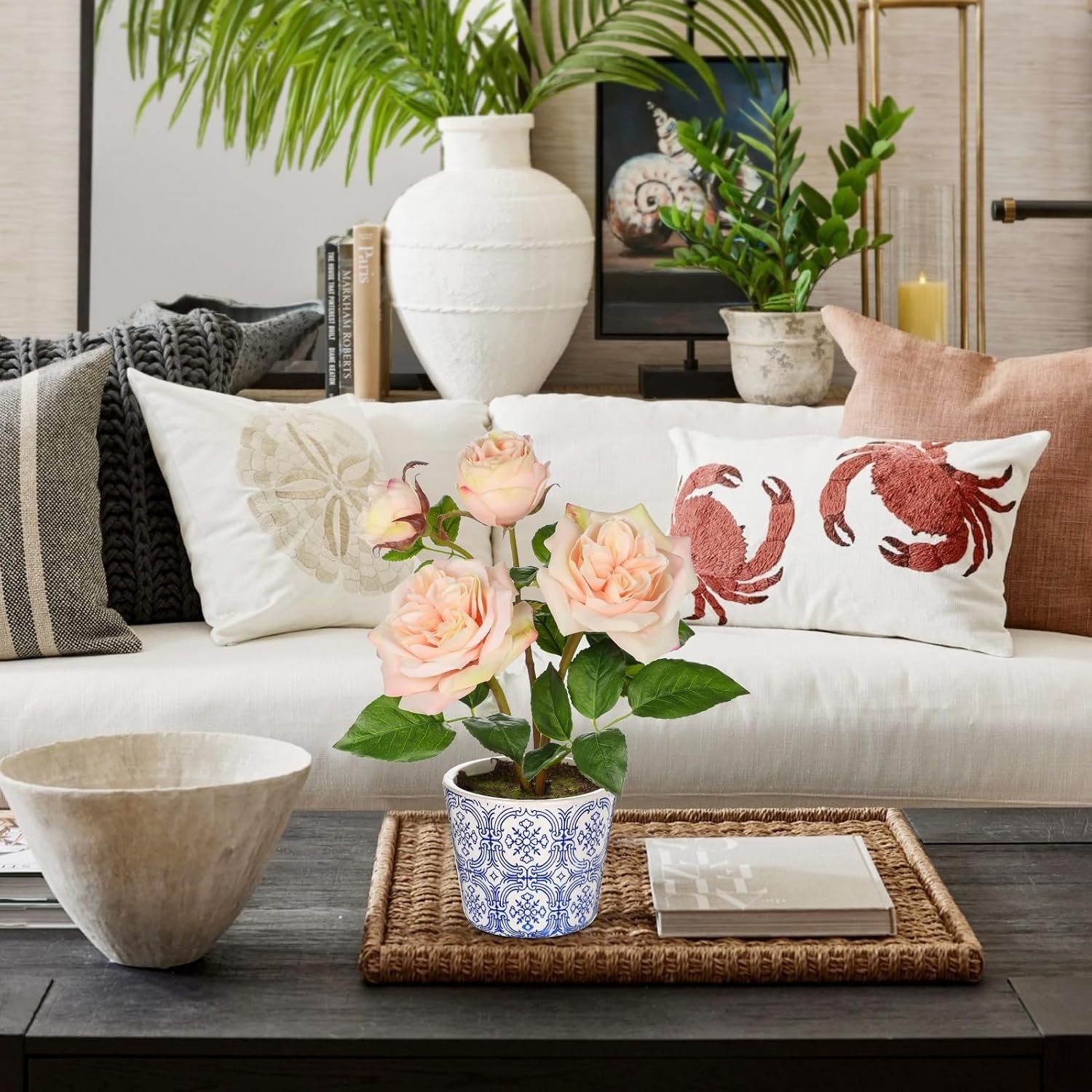 Light Pink Real Touch Roses Artificial Flowers in Vase Blue and White Porcelain