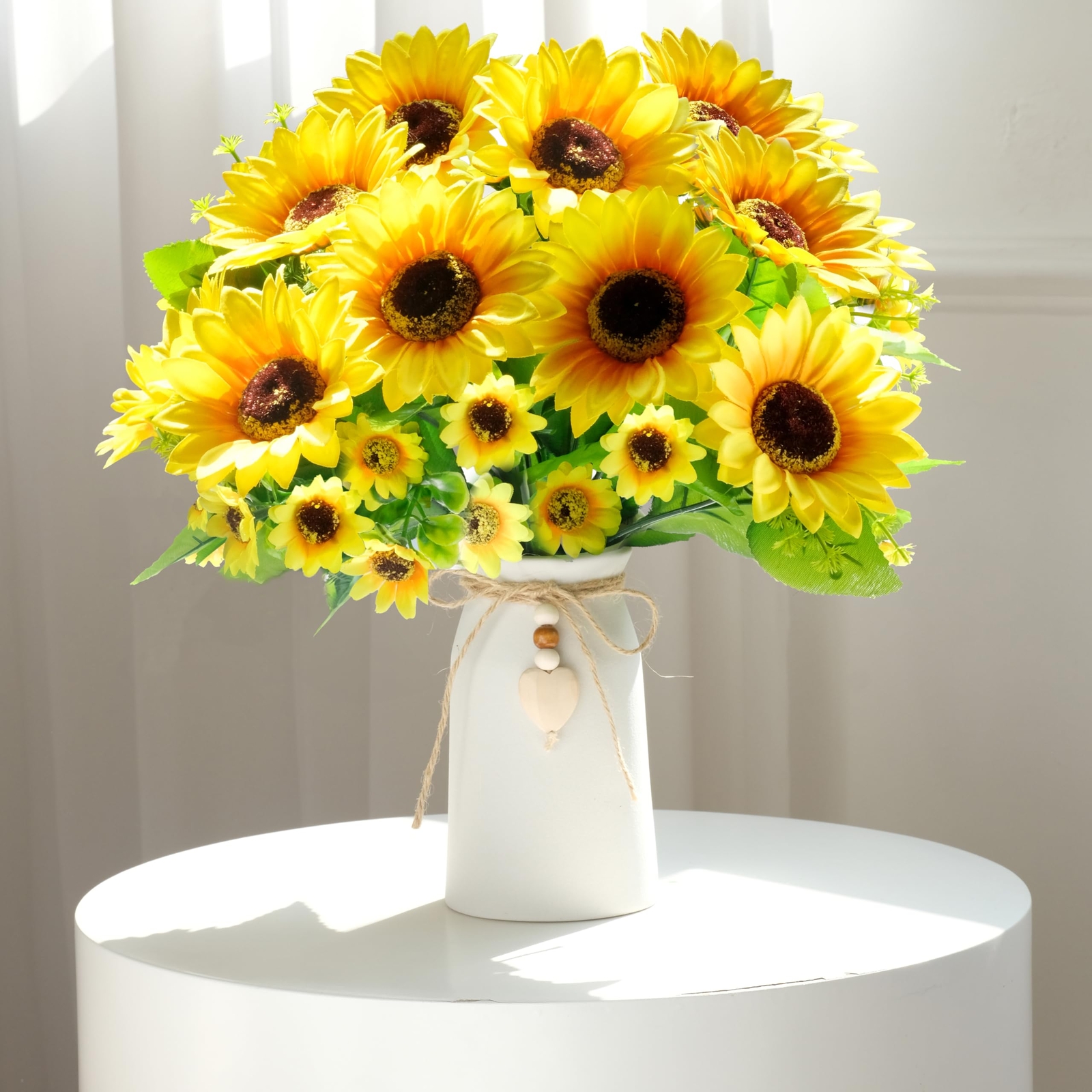 Sunflower Arrangement Cream Vase Silk Flowers Jute Rope Heart Table Decor