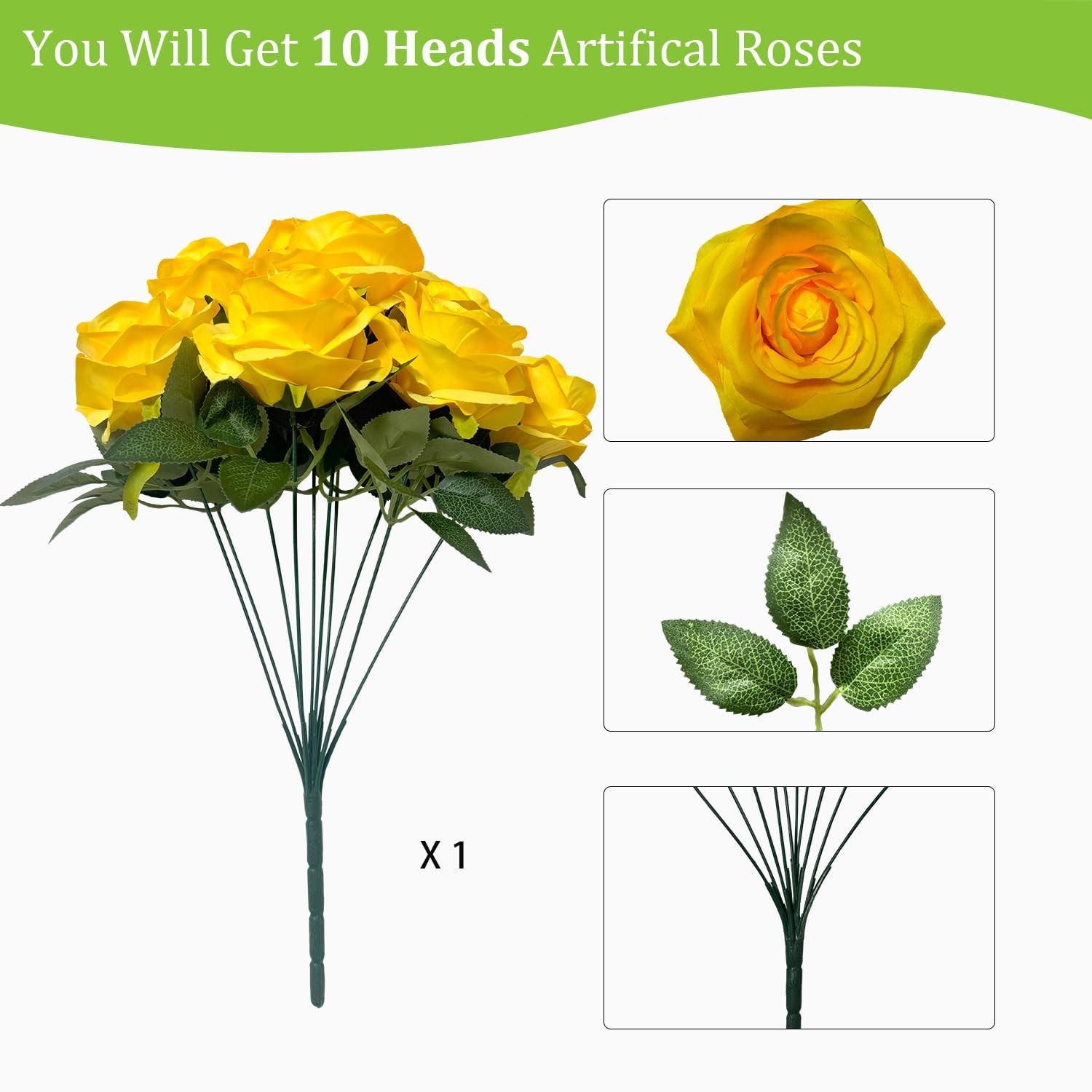 10-Heads Yellow Artificial Rose Silk Flowers Bouquet for Home Wedding Decor