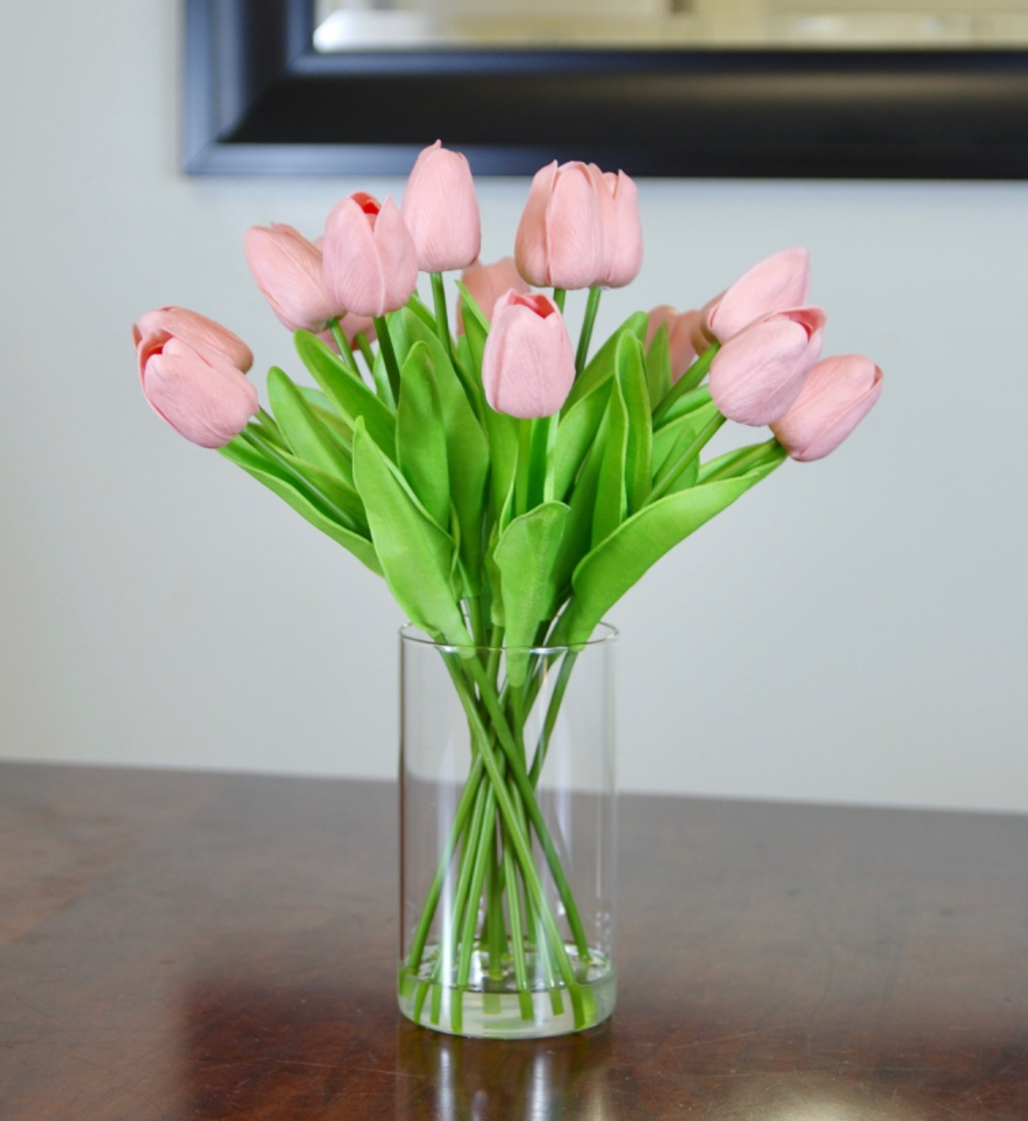 Silk Real Touch Peach Tulips in Glass Cylinder Vase With Clear Resin