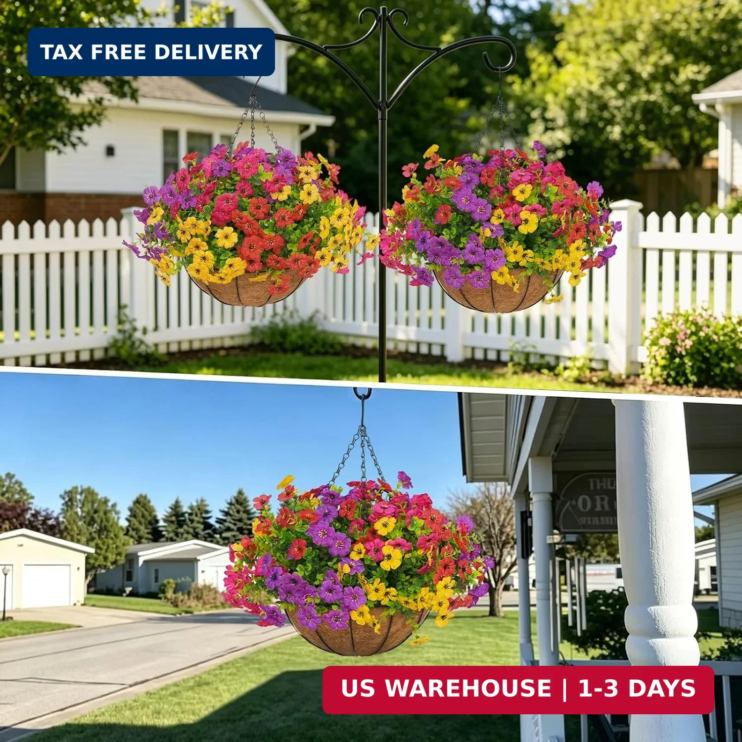 2 Set Artificial Outdoor Flowers with Hanging Basket for Garden Porch Patio Balc
